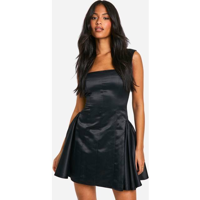 Womens Tall Satin Structured Square Neck Skater Dress - Black - 10