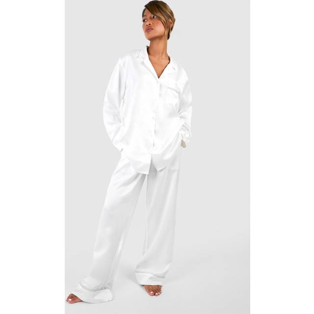 Womens Bridal Diamante Shirt And Trouser Pyjama Set - White - 6, White