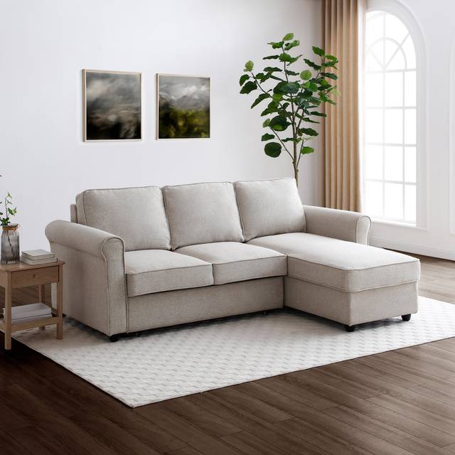 Kayden Fabric Traditional Scroll Arm Corner Sofa Bed - Natural
