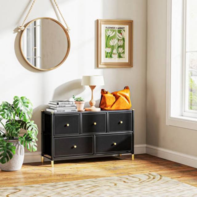 HOMCOM Chest of Drawers, 5 Drawer Fabric Dresser with PU Leather Surface - Black, Black