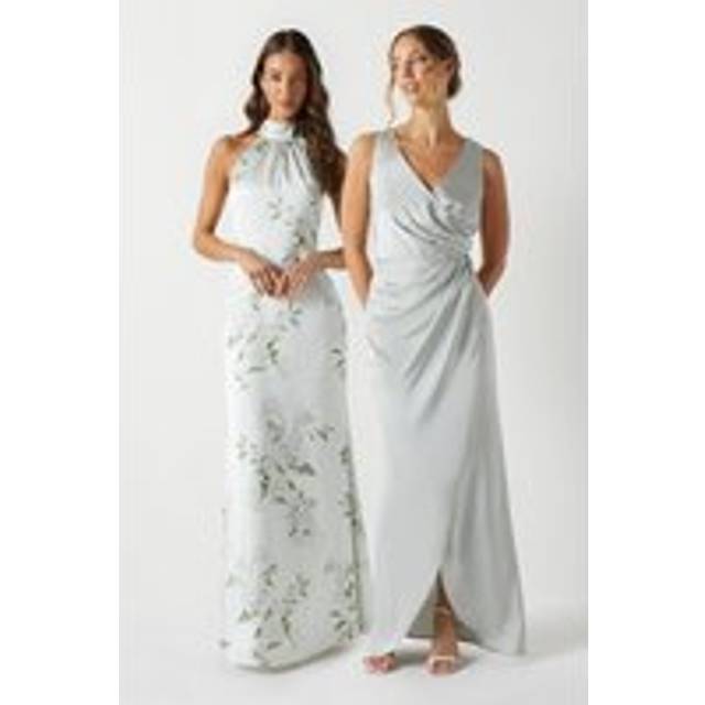 Ruched Waist Detail Satin Bridesmaid Dress - Sage - 16