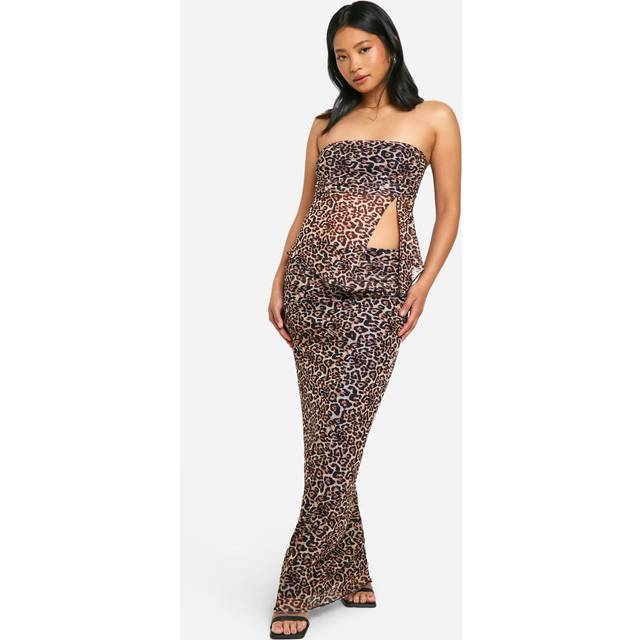 Womens Petite Leopard Mesh Maxi Skirt - Tan - 12