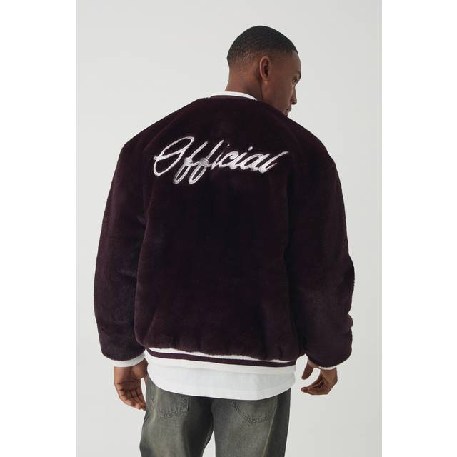 Official Faux Fur Bomber Jacket In Burgundy - Red - S