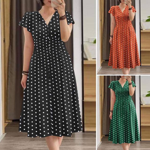 Uk womens polka dot v-neck midi dress ladies summer cocktail party gown dresses