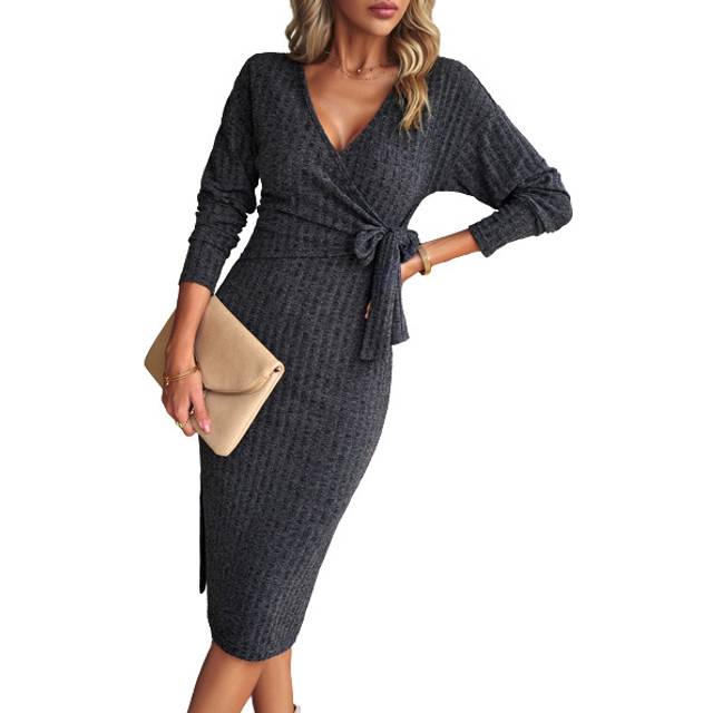(L, black) Women's autumn and winter V-neck long-sleeved knitted strappy dress