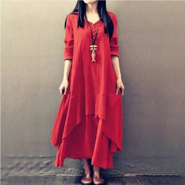 (Wine Red, XXL=UK SIZE 16) Women Solid Casual Kaftan Gypsy Maxi Dress Ladies Cotton Linen Long Sleeve Dress