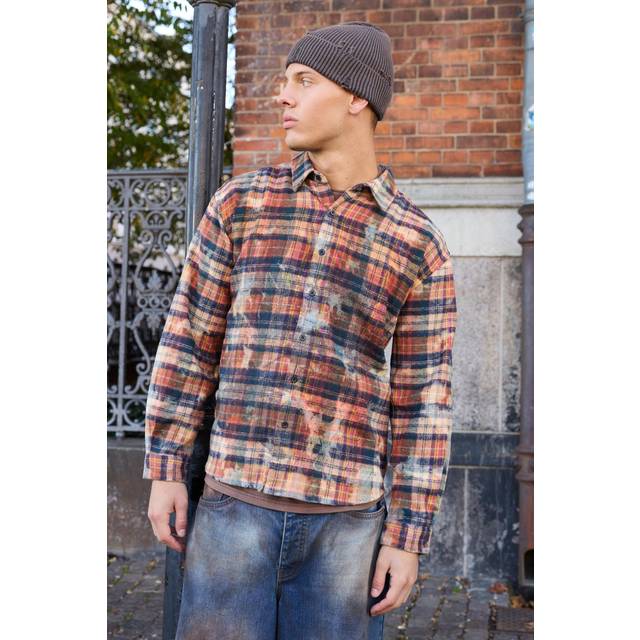 Oversized Washed Printed Checked Shirt - Orange - L