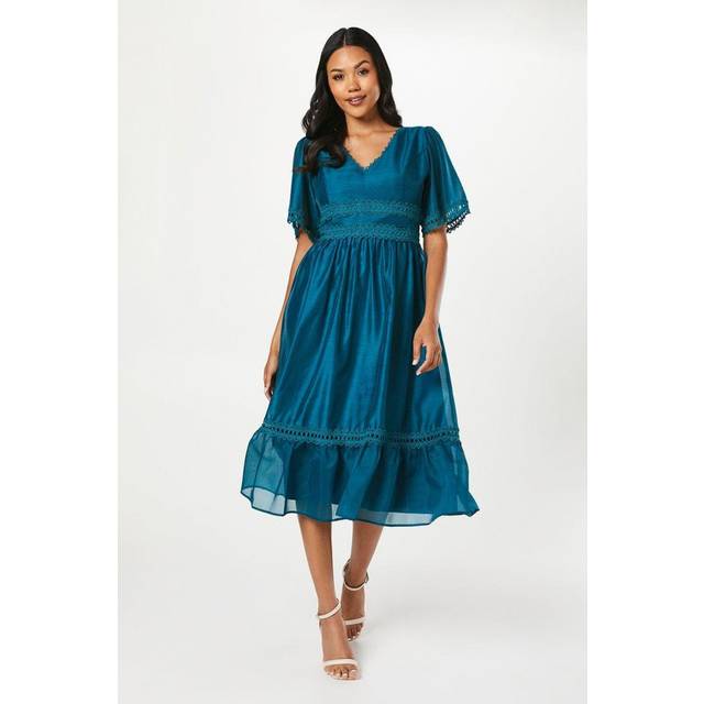 Lace Trim Organza Midi Wedding Guest Dress - Blue - 10