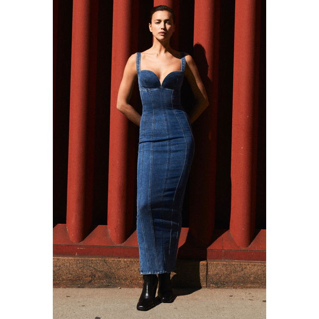 Good American Womens Indigo637 Sweetheart-neck Corset Stretch-denim Blend Midi Dress Xs