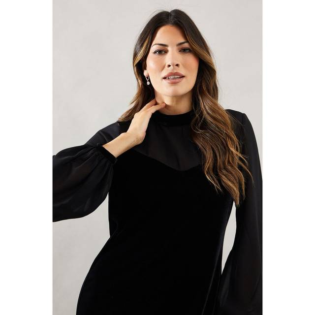 Womens Occasion Velvet Chiffon Sleeve Shift Dress - Black - 14