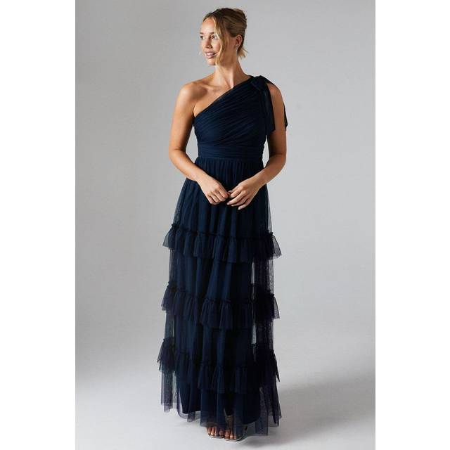 Oasis Womens Pleated Mesh One Shoulder Tiered Bridesmaids Dress - Navy - Size 14 UK