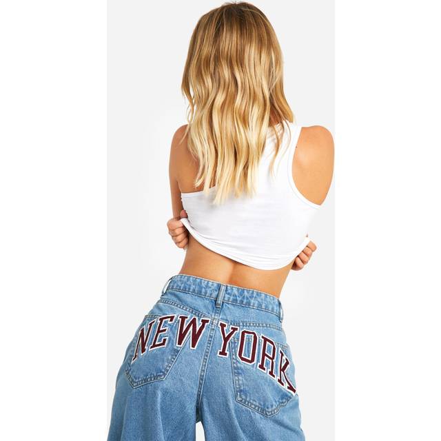 Womens Varsity New York Embroidered Applique Denim Wide Leg Jeans - Washed Blue - 14