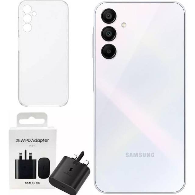 (Light Blue) Samsung Galaxy A15 4G 128/6GB RAM Dual Sim, Unlocked to all Carrier, with official 25W UK Adapter (EP-T2510) Retail Pack and Clear Case