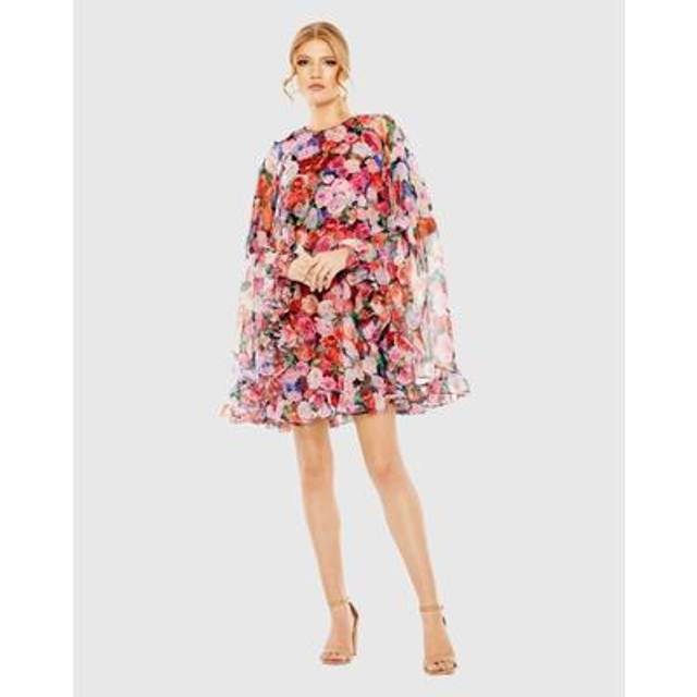 Mac Duggal Floral Print High-Neck Ruffle Hem Cape Mini Dress