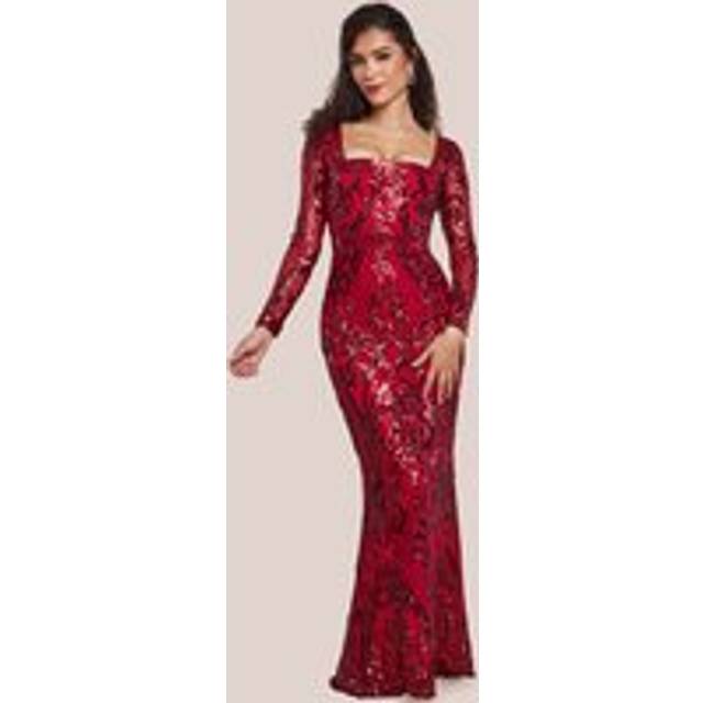 Sequin Square Neck Maxi With Scallop Hem - Red by Goddiva - 12