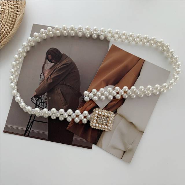 (Pearl Square) Womens Pearl Modern Belt Stylish Elastic Waist Accessory Ideal For Dresses And Sweaters
