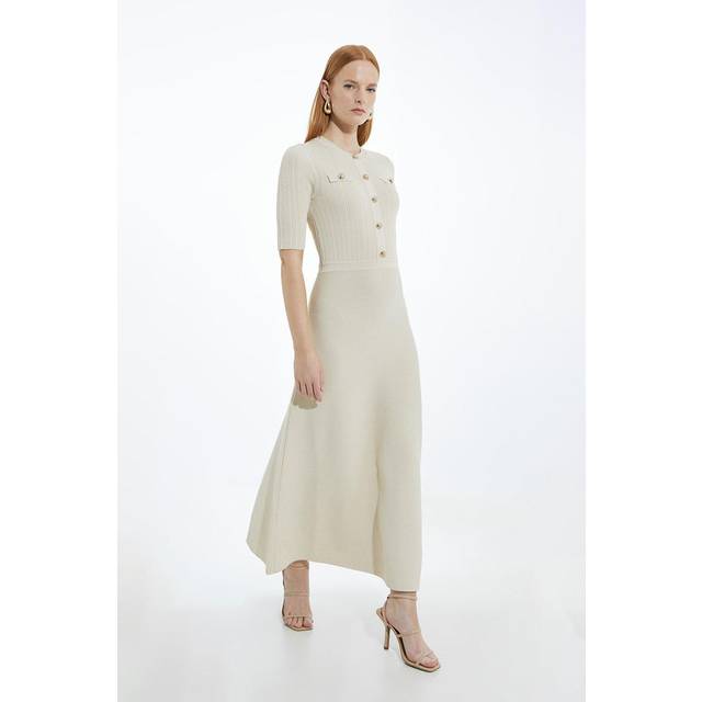 Rib Knit Military Trim Maxi Dress - Natural
