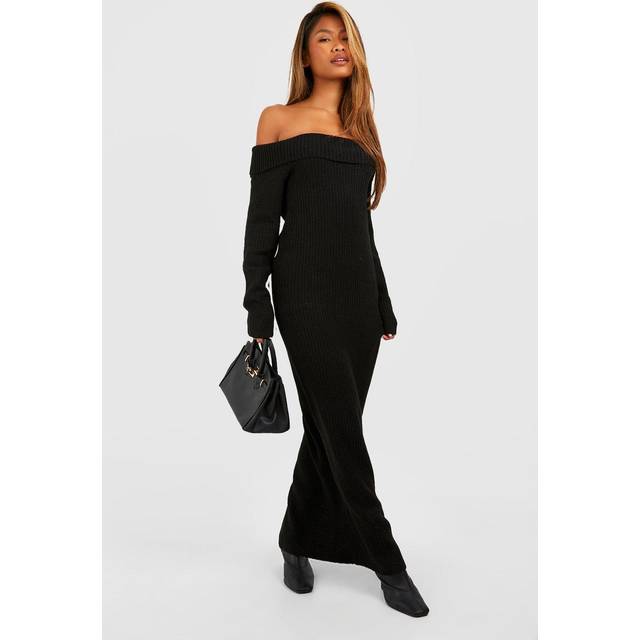 Womens Soft Knit Bardot Maxi Jumper Dress - Black - L, Black