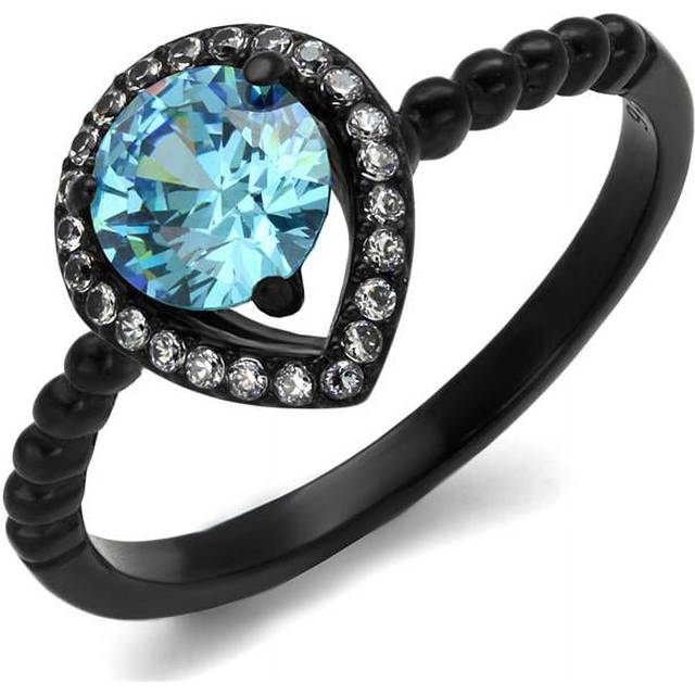 Alamode TK2364-9 Women IP Black Stainless Steel Ring with AAA Grade CZ in Sea Blue - Size 9