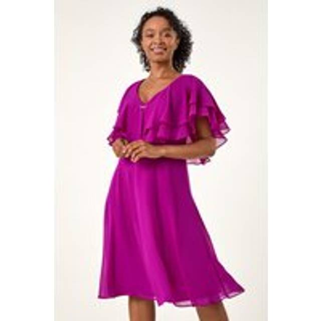 Roman Petite Fuchsia V-Neck Flare Trim Detail Cape Dress - Size 12