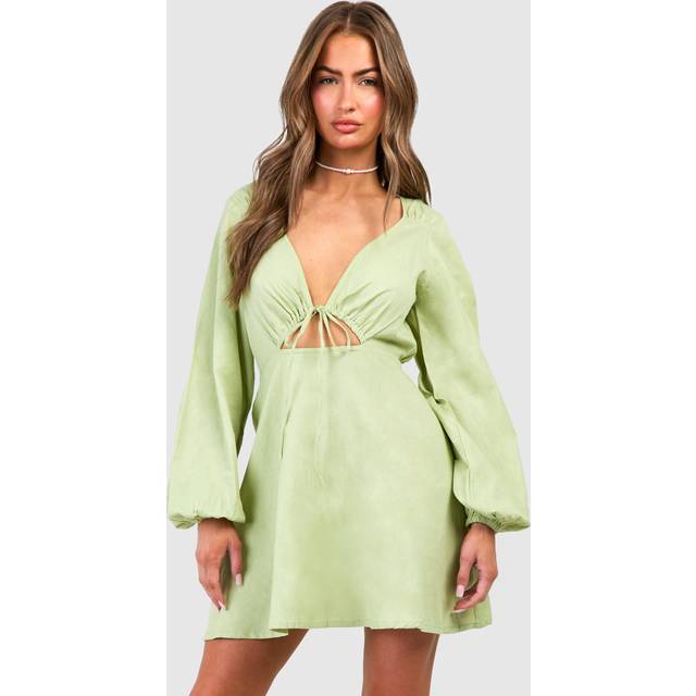 Womens Linen Look Tie Front Puff Sleeve Mini Dress - Green - 18