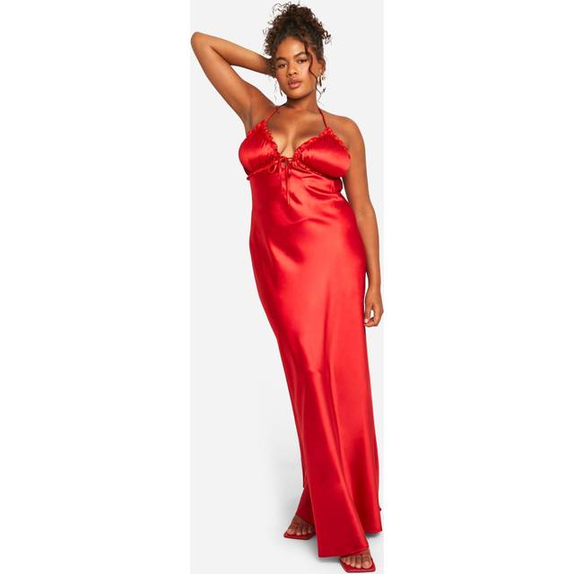 Womens Plus Ruffle Satin Maxi Slip Dress - Red - 28, Red