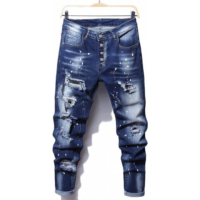 Manfinity Men Cotton Splash Ink Print Ripped Frayed Rag Stitching Jeans Frayed Jeans Dark Blue Slim Fit Long Cargo Jeans, For Husband, Boyfriend Gifts