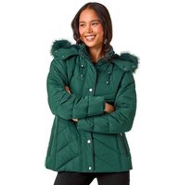 Roman Petite Dark Green Faux Fur Hood Puffer Coat - Size 18