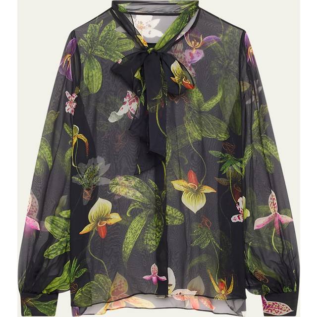 Orchid Print Chiffon Scarf-Tie Blouse - NAVY MULTI - 6