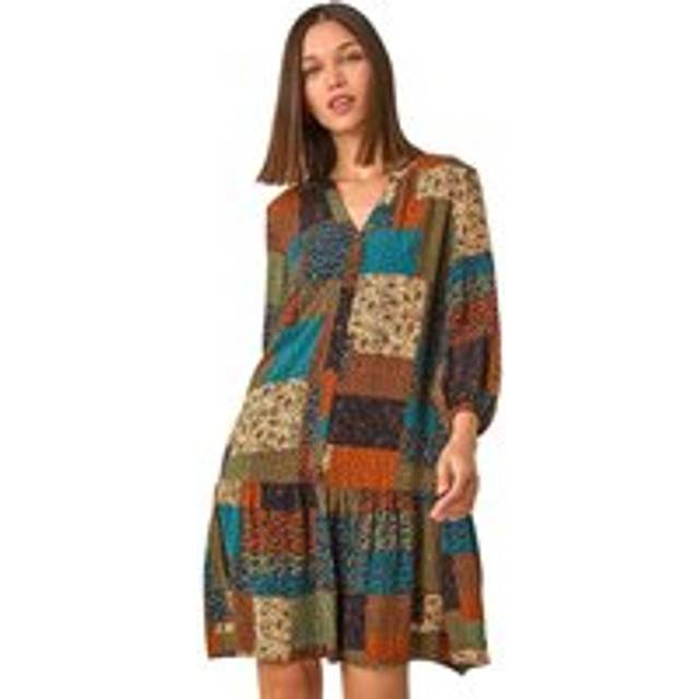 Paisley Patchwork Print V-Neck Smock Dress - Dark Green - 20