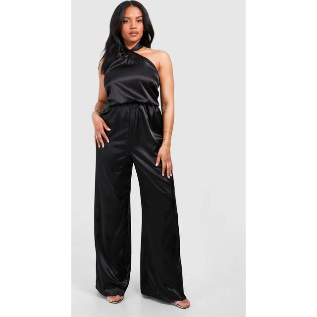 Womens Plus Satin Halterneck Wide Leg Jumpsuit - Black - 24, Black
