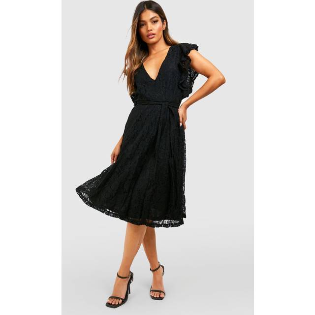 Womens Lace Ruffle Sleeve Skater Midi Dress - Black - 8