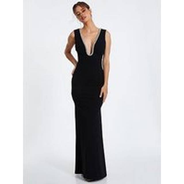 Diamante Trim Fishtail Maxi Dress - Black - Size 12 - Quiz