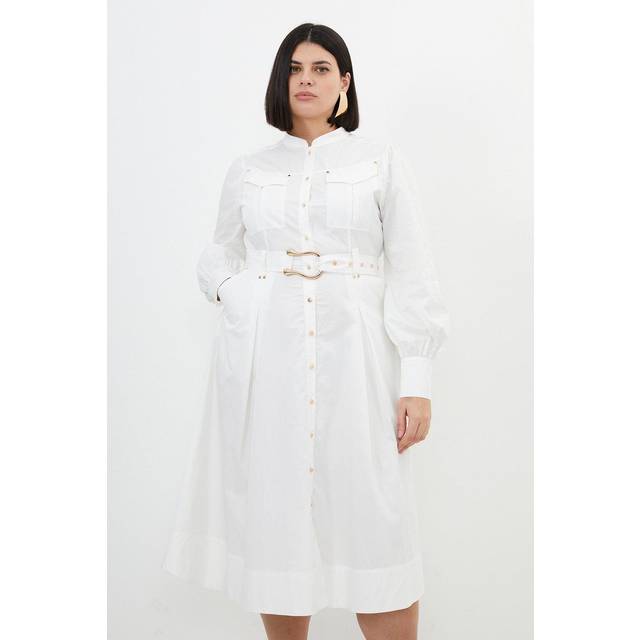 Plus Size Cotton Sateen Button Detail Woven Maxi Shirt Dress - White