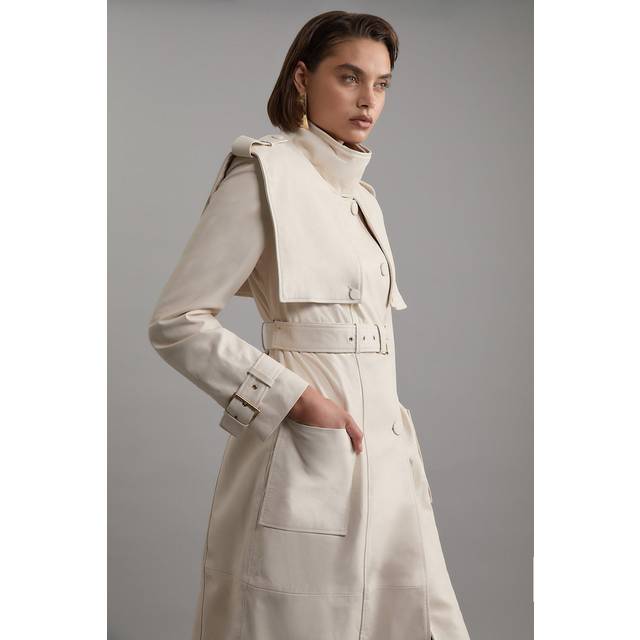 Leather Strong Shoulder Belted Trench Coat - Ivory