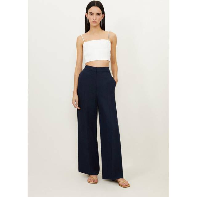 Premium Tailored Linen Mid Rise Wide Leg Trousers - Navy