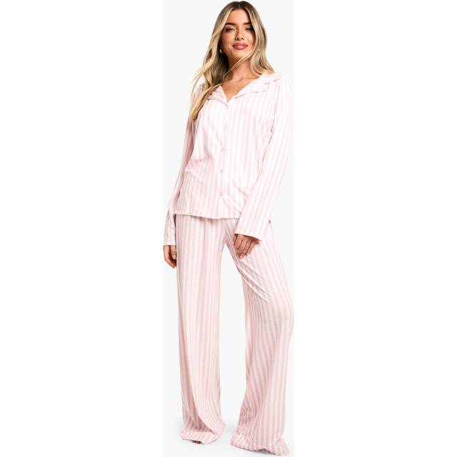 Womens Candy Stripe Long Sleeve Shirt & Trousers Pyjama Set - Pink - 6, Pink