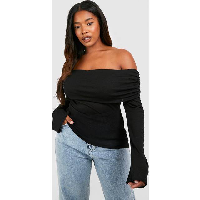 Womens Plus Bardot Ruched Flare Sleeve Top - Black - 20, Black
