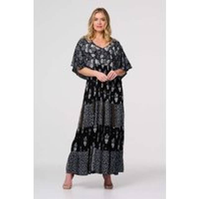Leaf Print 3/4 Kimono Sleeve Maxi Dress - Black - 8