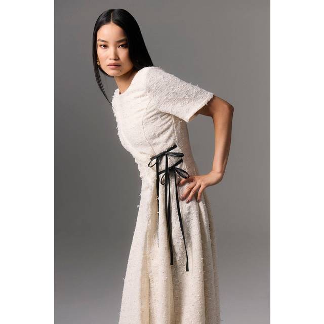Metallic Boucle Tailored Ruffle Belted Asymmetric Midaxi Dress - Ivory