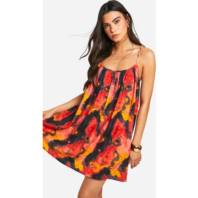 Womens Printed Beaded Strap Linen Look Mini Dress - Multi - 14, Multi