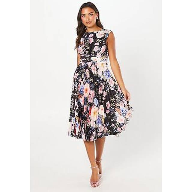 Printed Pleated Satin Midi Wedding Guest Dress - Black - 10