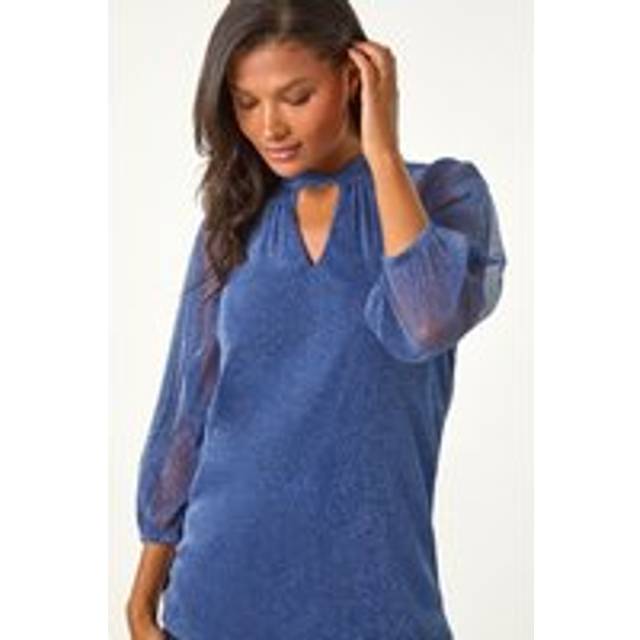 Roman Blue Twist Neck Glitter Mesh Top - Size 18