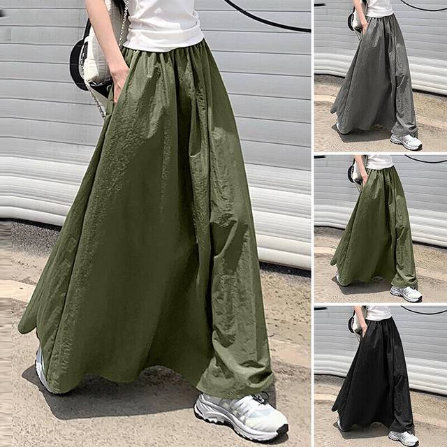 Uk women elastic waist pockets long skirts casual loose skater a-line skirt plus