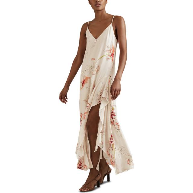 Reiss Womens Ivory/coral Melody Floral-print Side-split Woven Midi Dress 4 - IVORY/CORAL