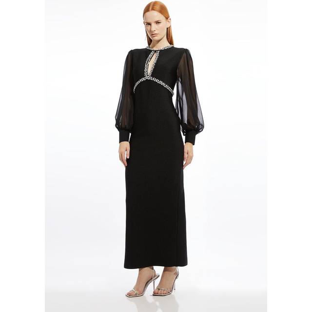 Embellished And Chiffon Sleeve Figure Form Knit Maxi Dress - Black