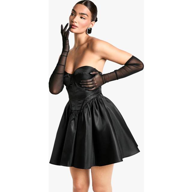 Womens Taffeta Corset Lace Up Skater Dress - Black - 18