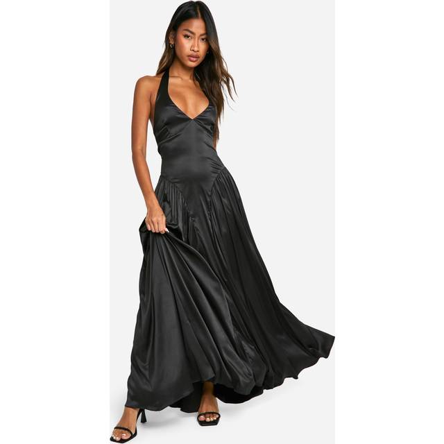 Womens Satin Milkmaid Halterneck Maxi Dress - Black - 12