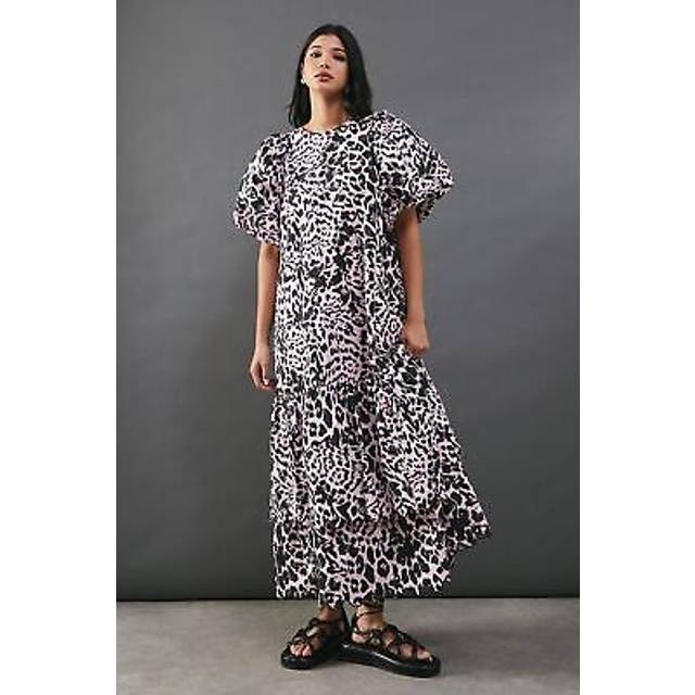 Warehouse Womens Poplin Leopard Print Volume Sleeve Scallop Detail Smock Dress - Pink - Size 8 UK