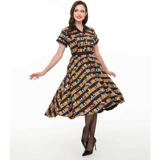 Unique Vintage 1950S Cat & Bookshelf Print Alexis Swing Dress - Black - Medium/6-8